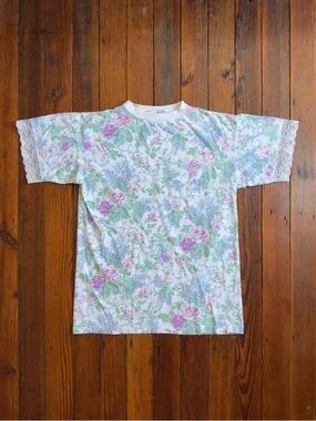 Vintage 80s Body Drama Lingerie pastel floral lace embellished tshirt pj dress